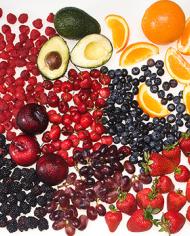 Raspberries, avocados, oranges, plums, sweet cherries, blueberries, blackberries, grapes, and strawberries.